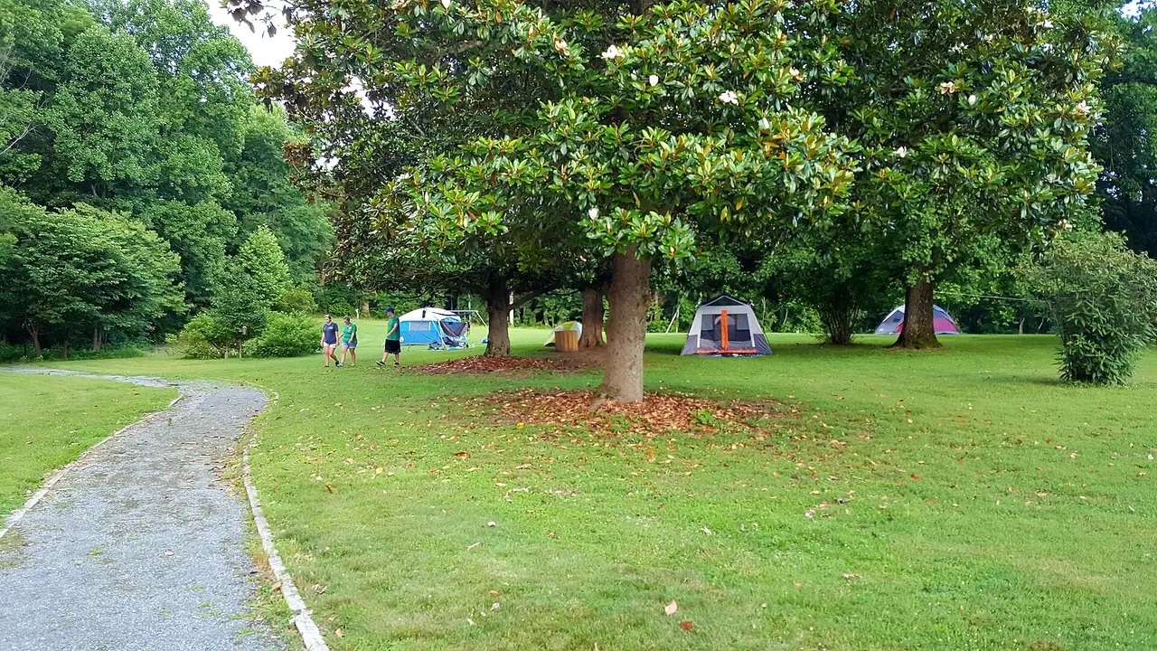 Family tents pitched on a lawn under magnolia trees during the Great American Campout at a Virginia state park