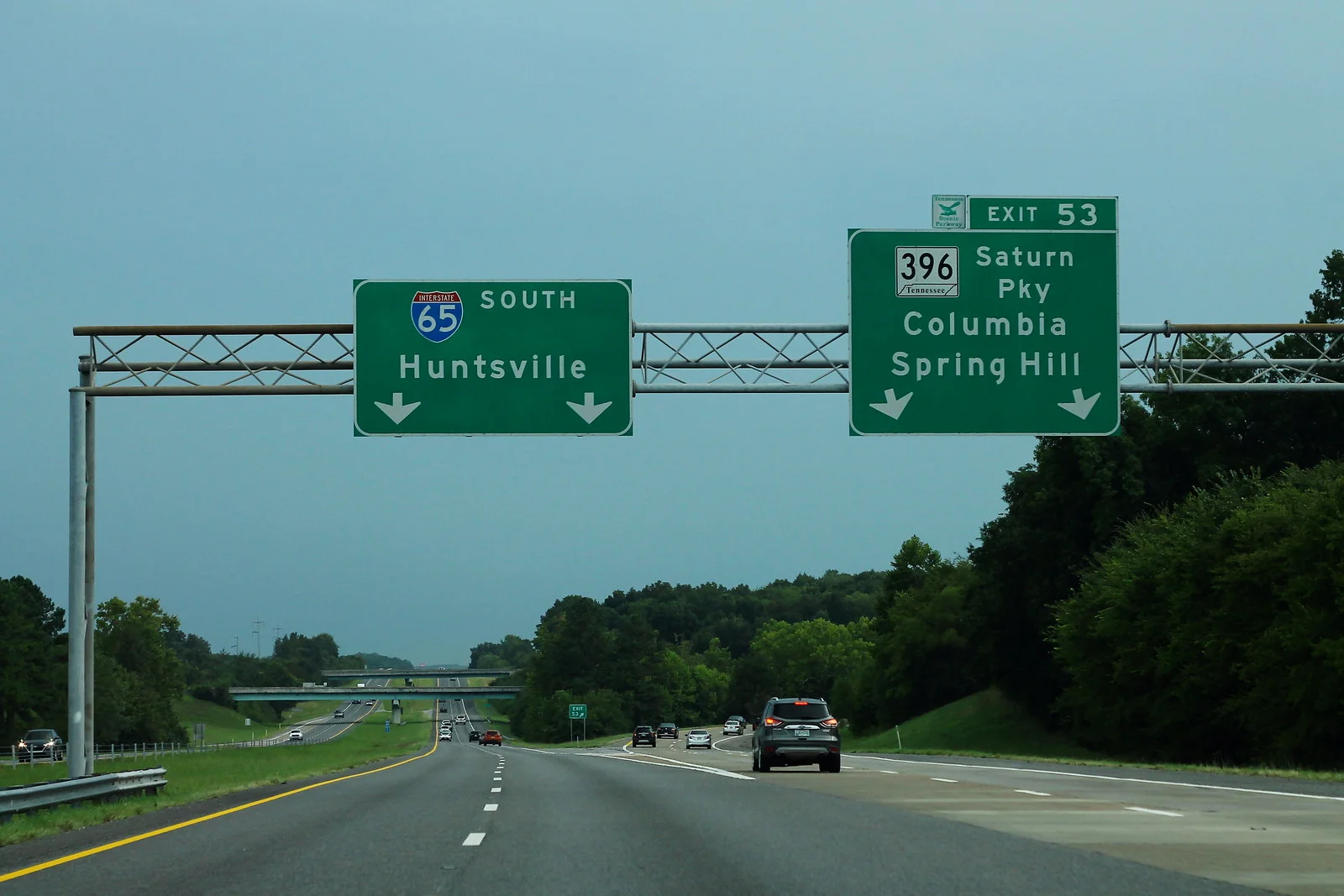 Southbound I-65 at Exit 53, where drivers leave for Saturn Parkway (state Route 396) toward Spring Hill
