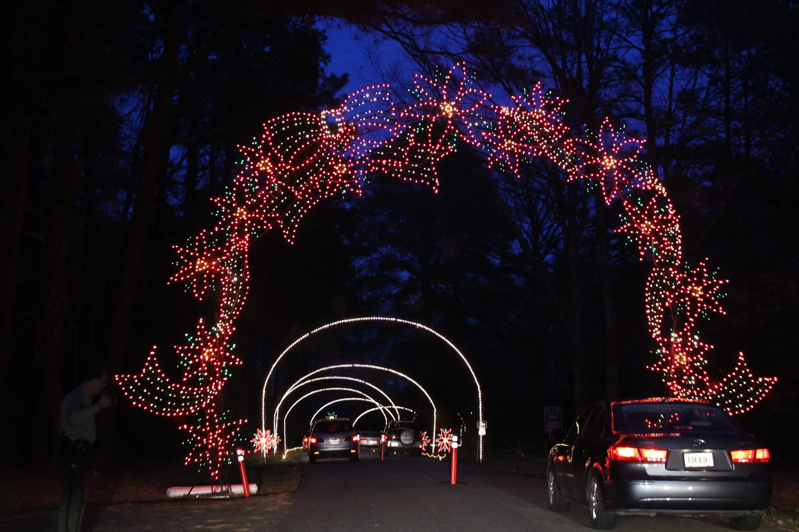 Cars drive under arches of Christmas lights at a drive-through holiday light show in a park