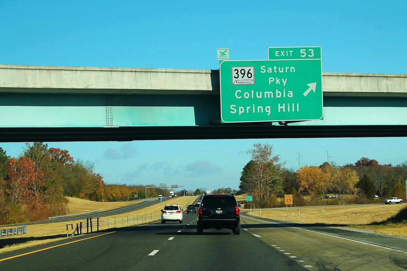 Northbound I-65 at Exit 53, where Saturn Parkway (state Route 396) leads to Spring Hill and Columbia