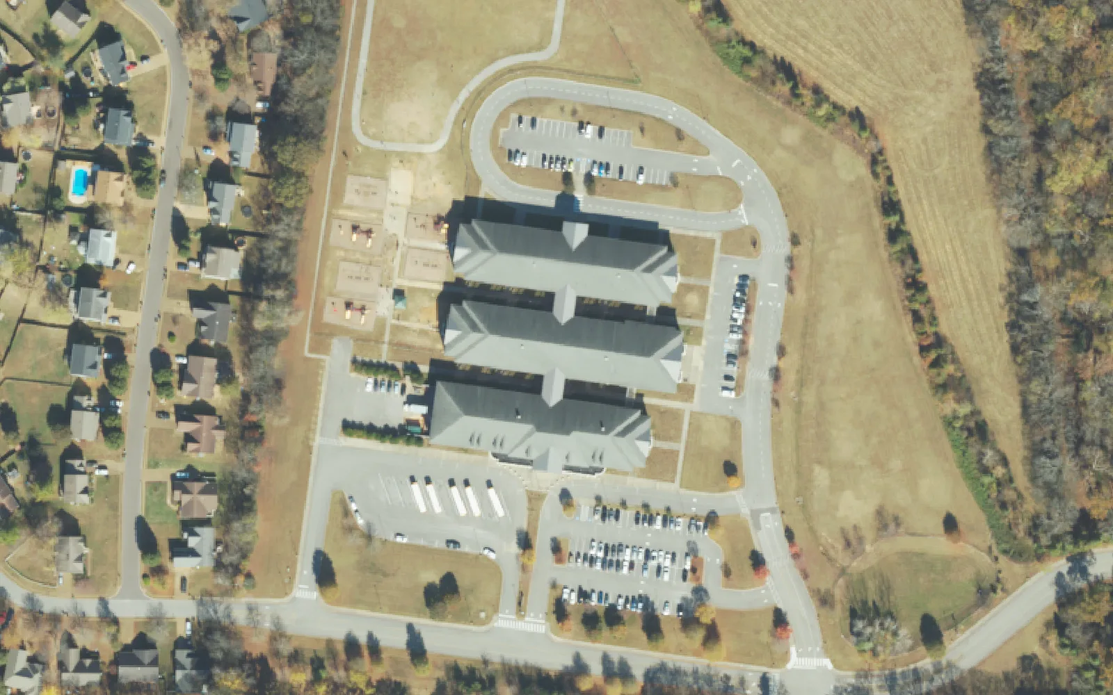 Allendale Elementary School and its playgrounds off Prescott Way in Spring Hill, seen from the air