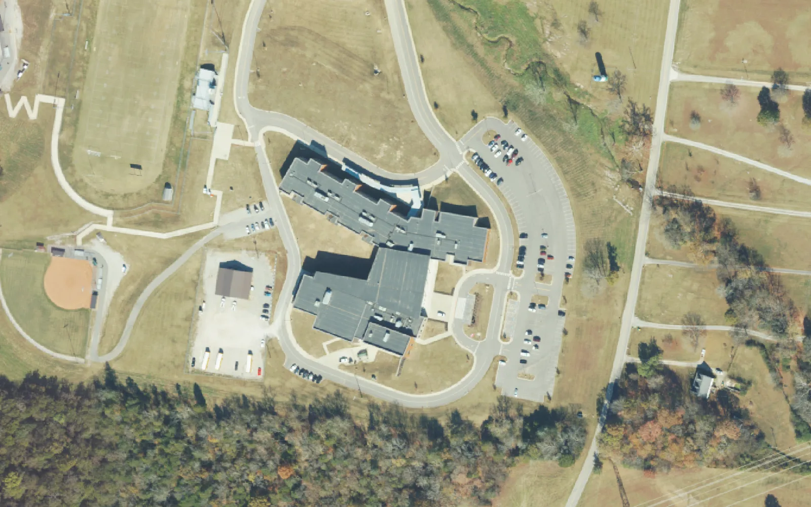 Battle Creek Middle School and its softball field on Battle Creek Way in Spring Hill, seen from the air