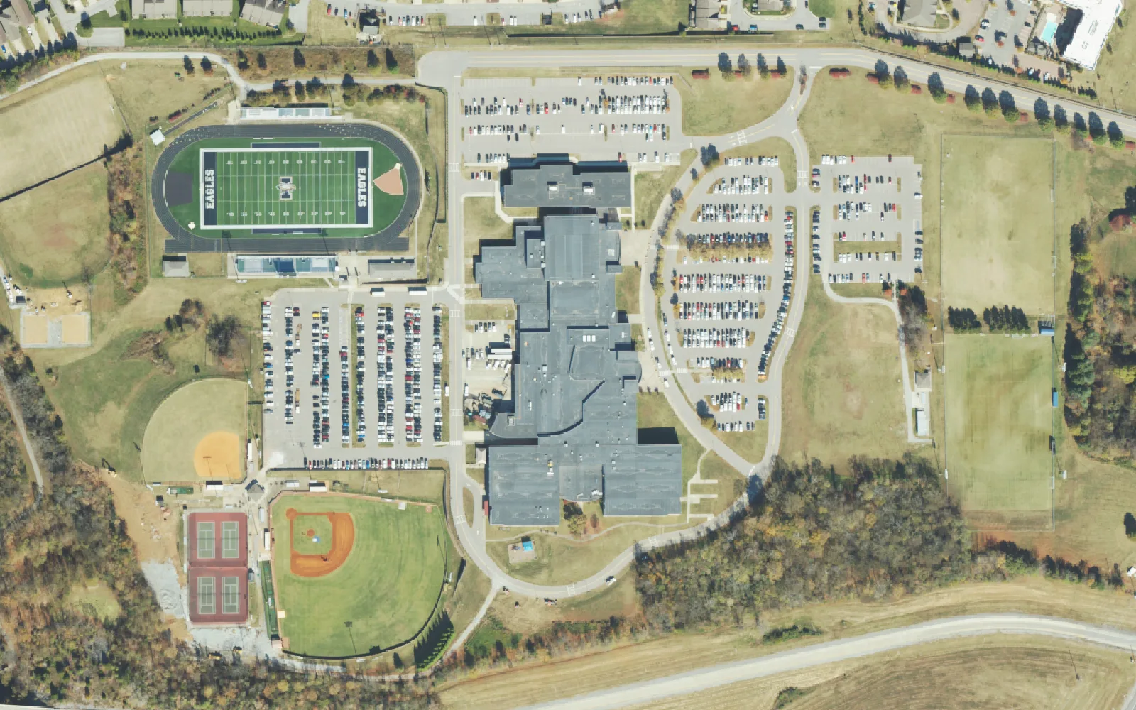 Independence High School and its stadium on Declaration Way in Thompson's Station, seen from the air