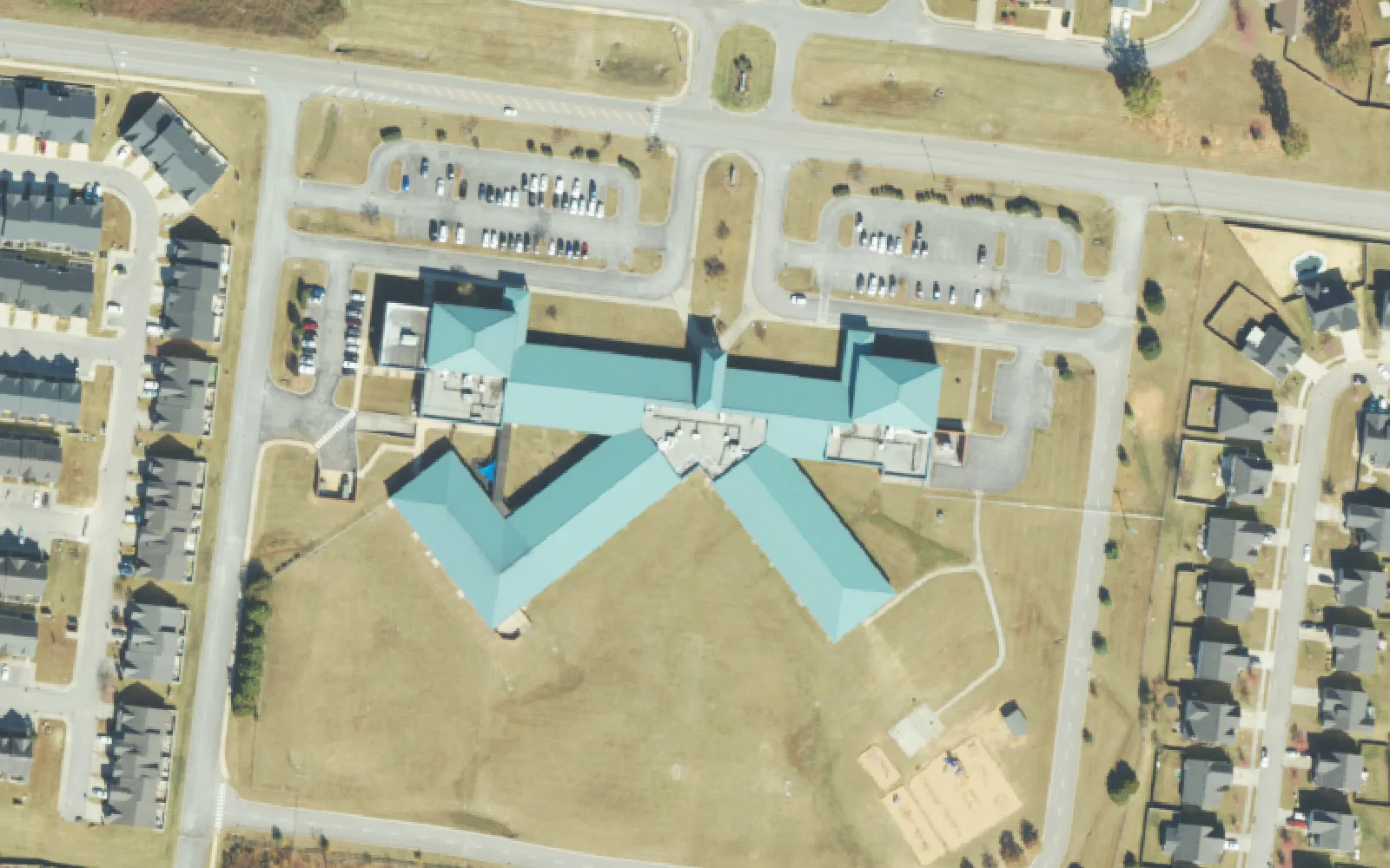 Marvin Wright Elementary School and the homes around it off Derryberry Lane in Spring Hill, seen from the air