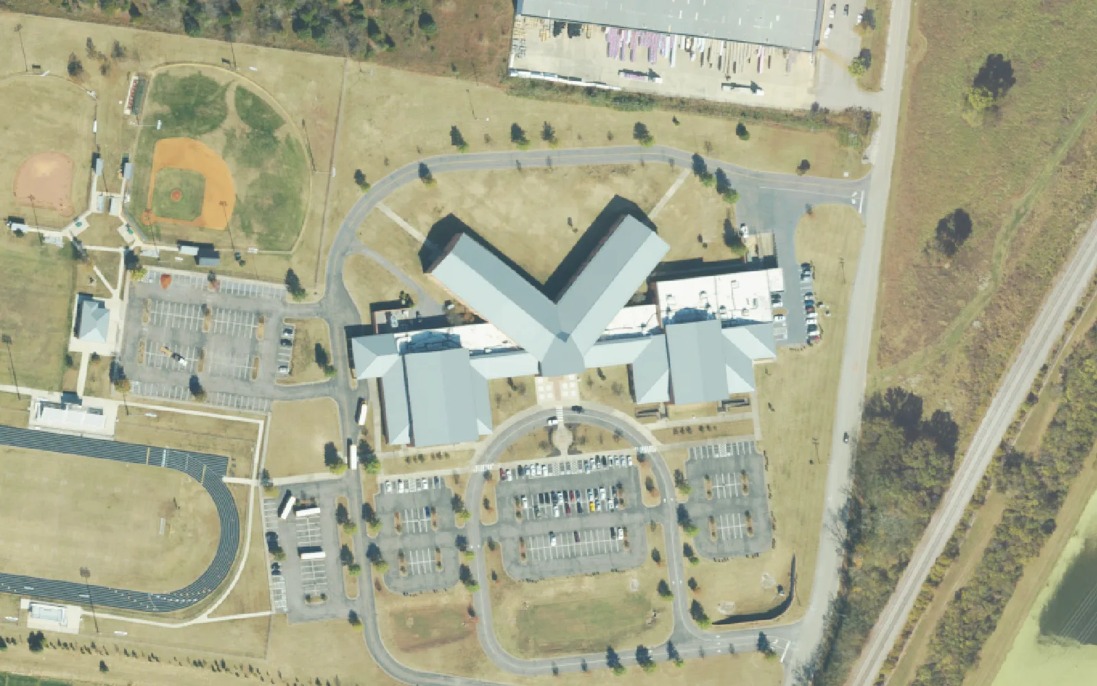 Spring Hill Middle School, its track and ball fields on Cleburne Road in Spring Hill, seen from the air