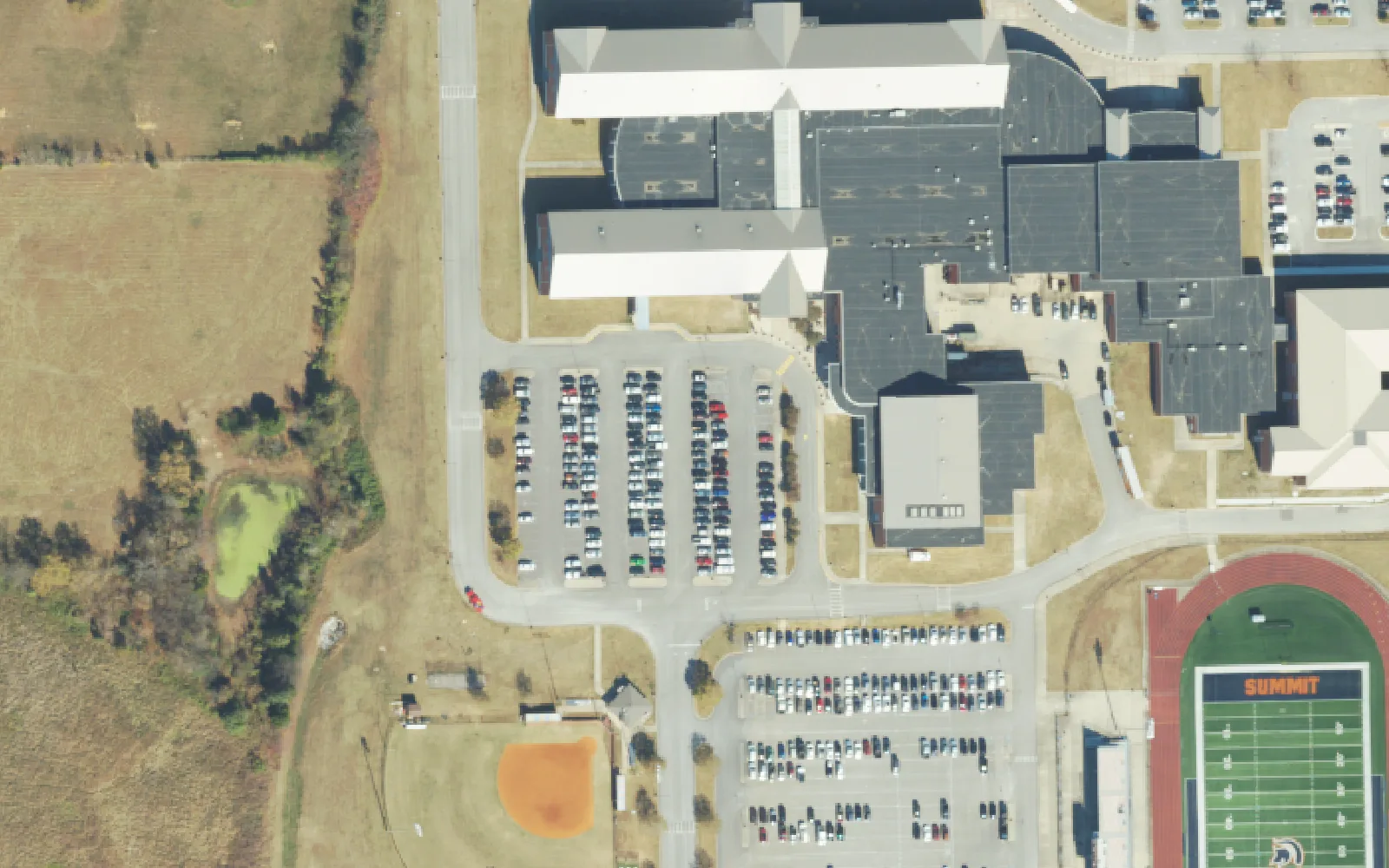 Summit High School and its stadium on Austins Way in Spring Hill, seen from the air