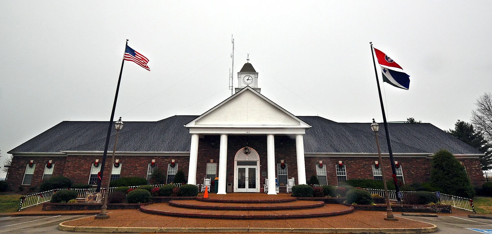 Spring Hill City Hall on Town Center Parkway, with its white columned portico and clock cupola